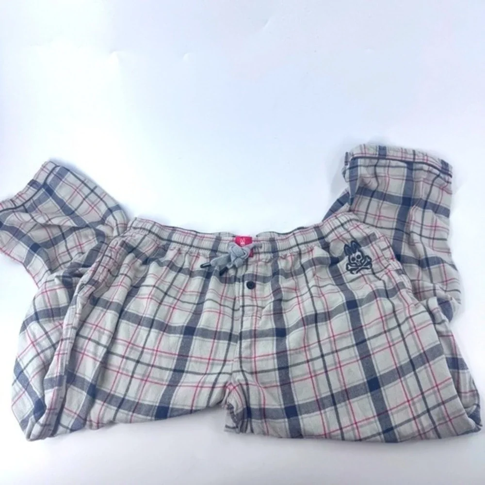 Psycho Bunny Mens Plaid Flannel Pajama Lounge Pants XL Cream‎ Navy Red Logo